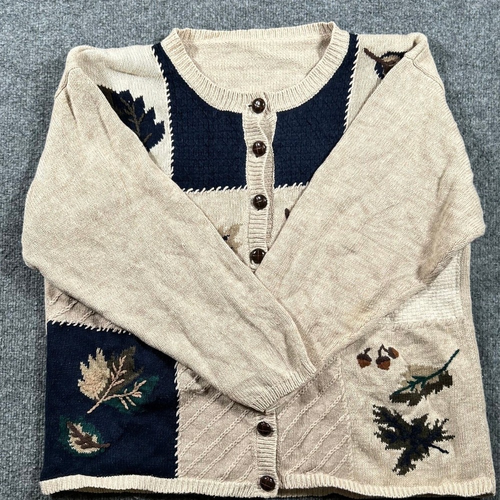 Vintage Cardigan Womens Size L Beige Leaf Patchwork Knit Button Up Sweater